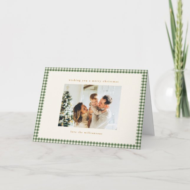 Green Gingham Plaid Custom Photo Christmas Folded Holiday Card (Front)