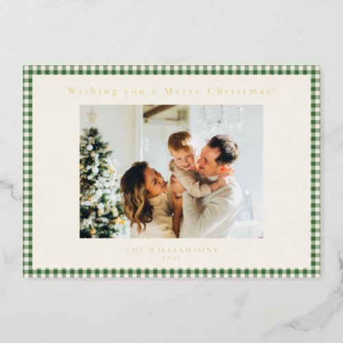 Green Gingham Plaid Custom Photo Christmas Gold  Foil Holiday Card