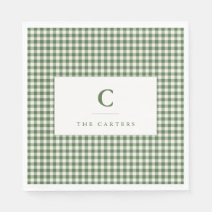 Green Gingham Plaid Family Name Monogram Initial Napkins