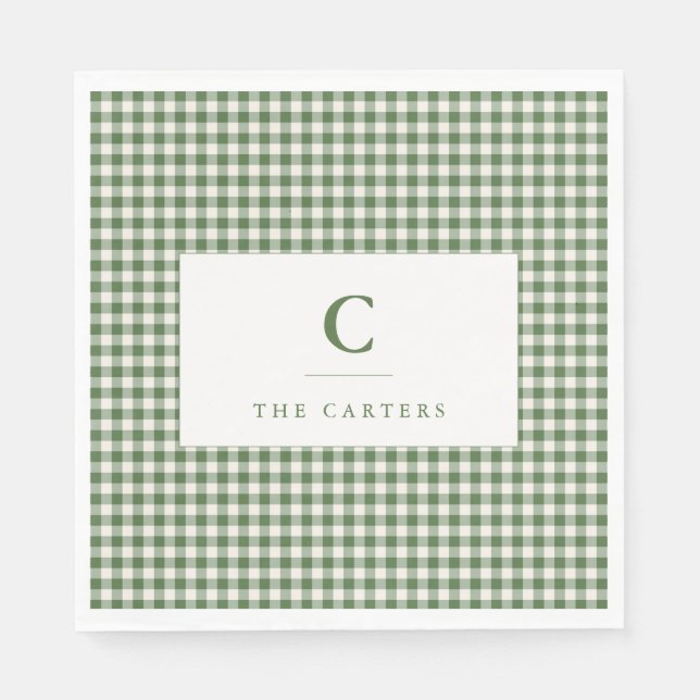 Green Gingham Plaid Family Name Monogram Initial Napkins (Front)