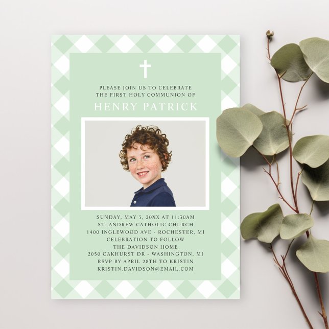Green Gingham Plaid First Communion Boy Photo Invitation (Creator Uploaded)
