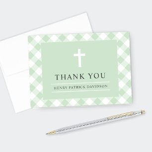 Green Gingham Plaid First Communion Boy Thank You Card