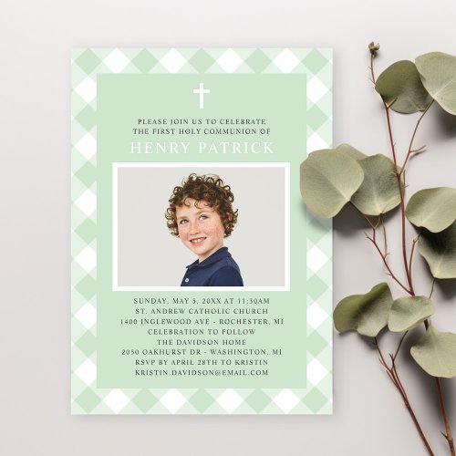 Green Gingham Plaid First Communion for Boy Photo Invitation