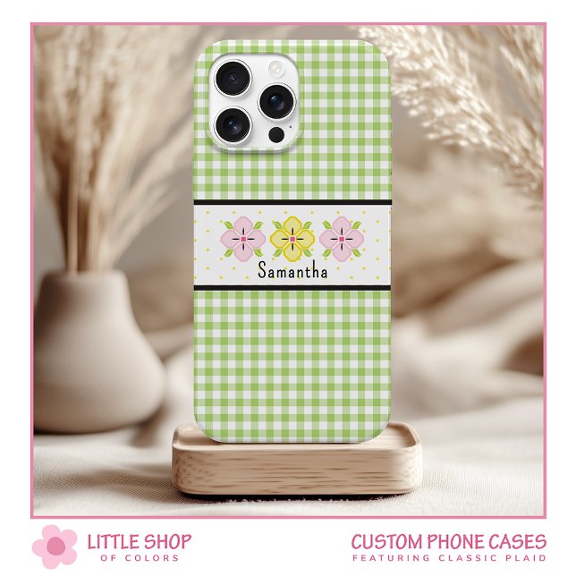 Green Gingham Plaid Floral Monogram Iphone Case (Creator Uploaded)