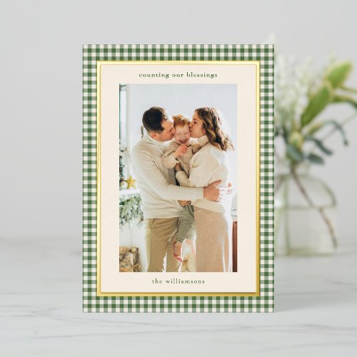 Green Gingham Plaid Gold Christmas Blessings Foil Holiday Card