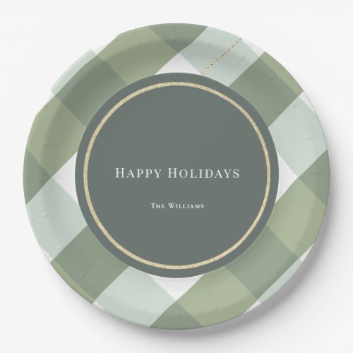 Green Gingham Plaid Gold Christmas Holiday Paper Plates