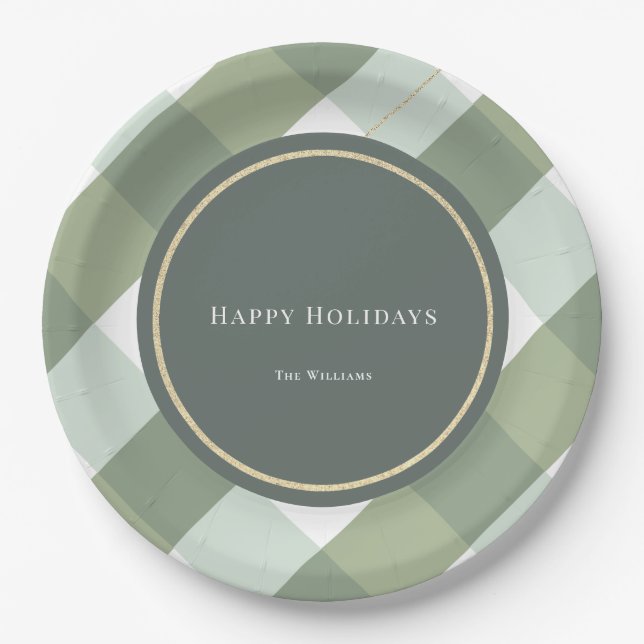 Green Gingham Plaid Gold Christmas Holiday Paper Plates (Front)