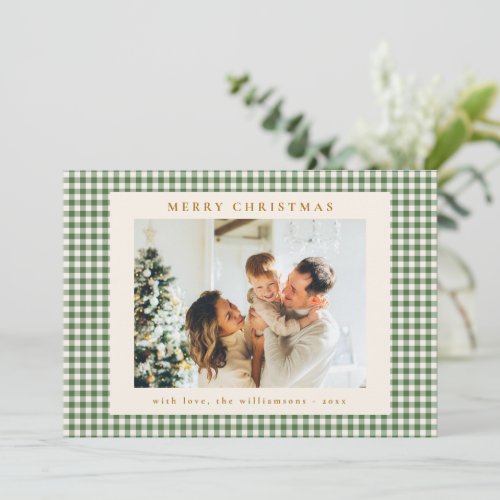 Green Gingham Plaid Gold Christmas Photo Letter Holiday Card