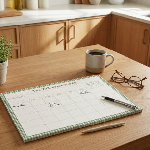 Green Gingham Plaid Month Family Planner Calendar  Notepad