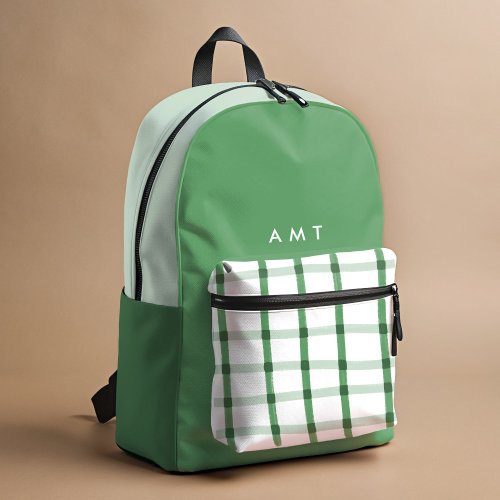 Green Gingham Plaid Personalized Name Initials Printed Backpack