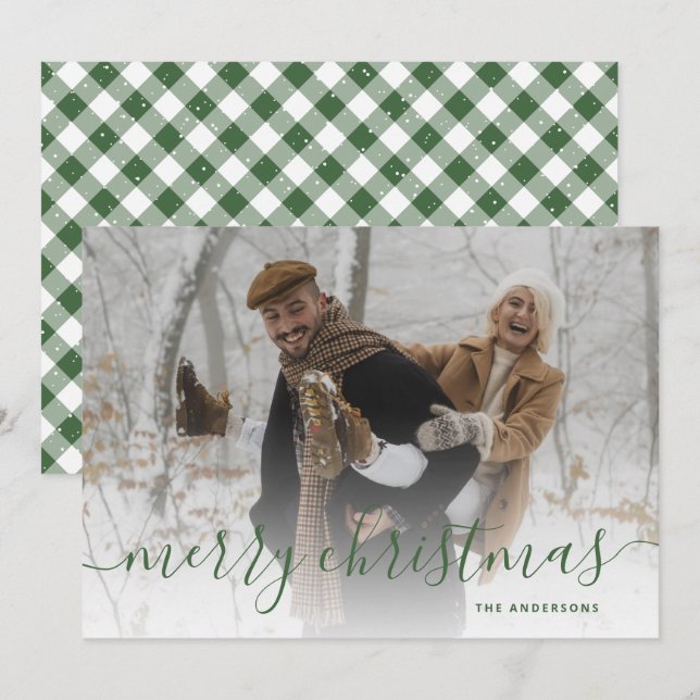 Green Gingham Plaid Photo Merry Christmas Holiday Card (Front/Back)