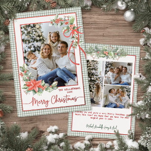 Green Gingham Plaid Photo Merry Christmas Red Foil Holiday Card