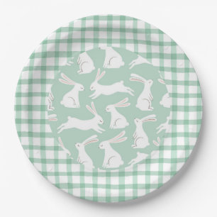 Green Gingham Plaid Rabbits Party Baby Shower Paper Plates