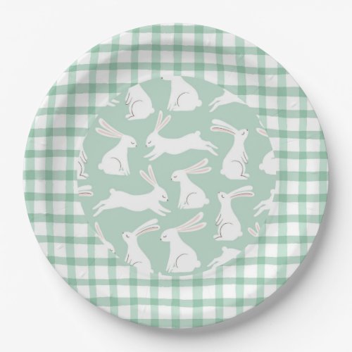 Green Gingham Plaid Rabbits Party Baby Shower Paper Plates