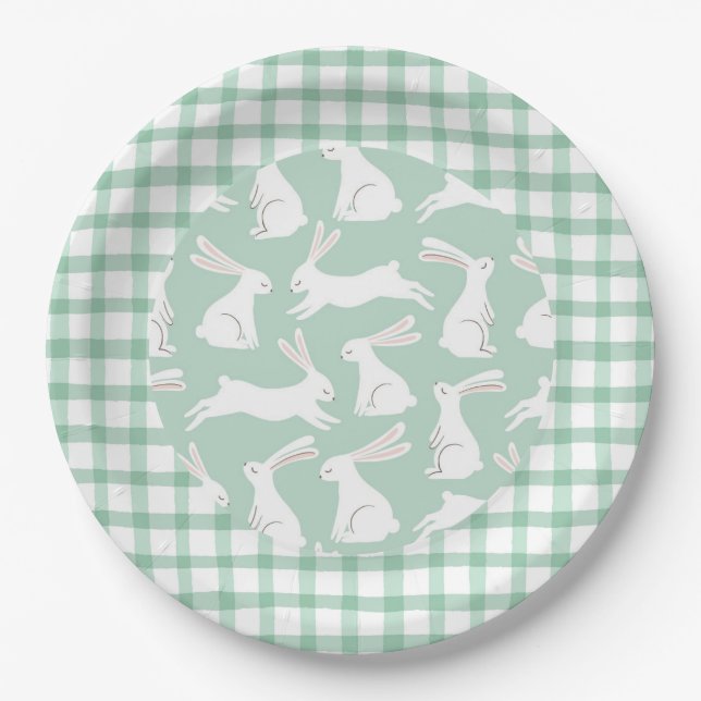 Green Gingham Plaid Rabbits Party Baby Shower Paper Plates (Front)