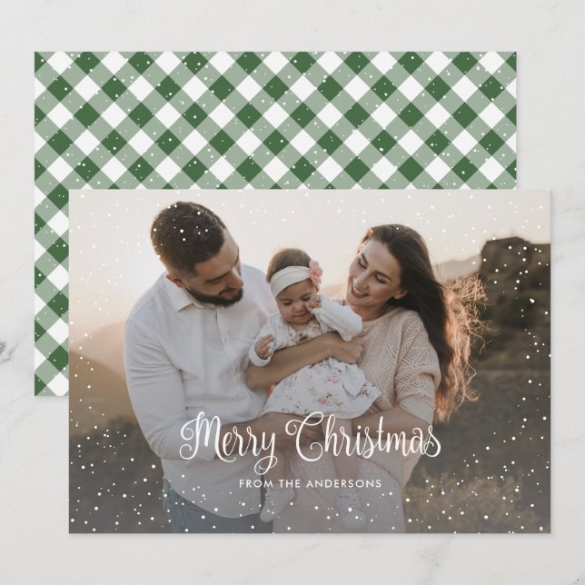 Green Gingham Plaid Snow Photo Christmas Card (Front/Back)