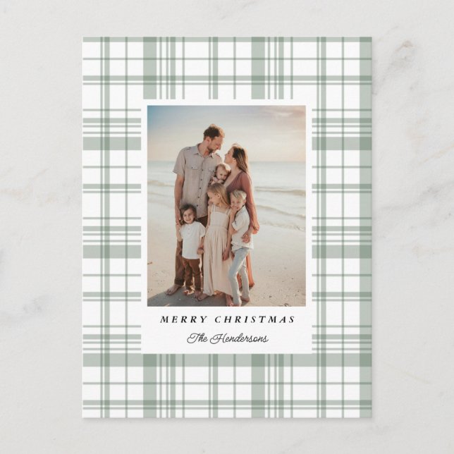 Green Gingham Plaid Tartan Christmas Photo Card (Front)