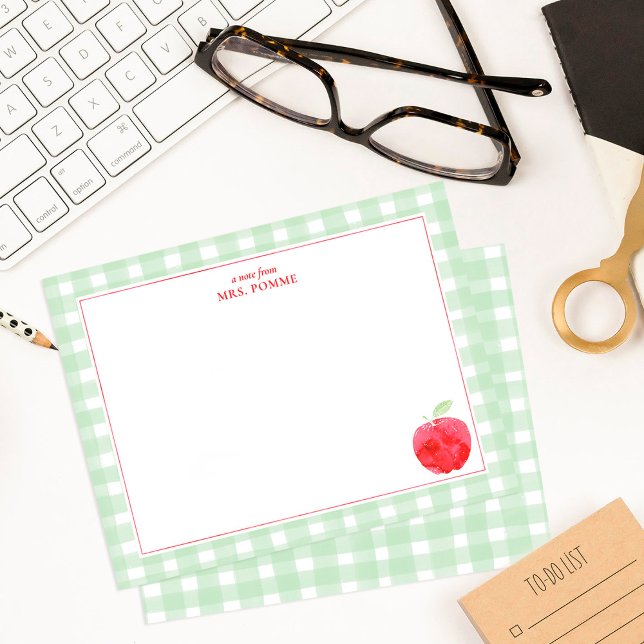 Green Gingham Red Apple Teacher Note Card (Rustic Green Gingham with Watercolor Apple Note Card on desktop)