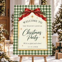 Green Gingham Red Bow Christmas Party Welcome Sign