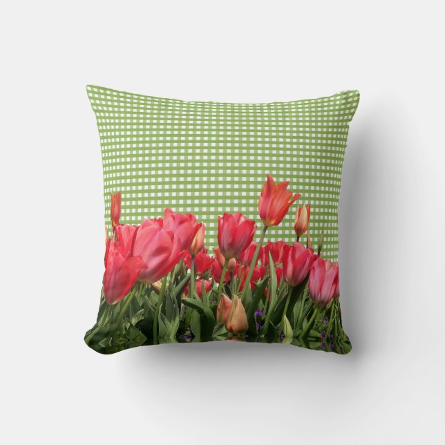 Green Gingham & Red Tulips Pillow (Front)
