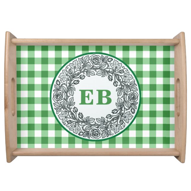 Green Gingham Rose Monogram Wedding Host Decor Serving Tray (Front)