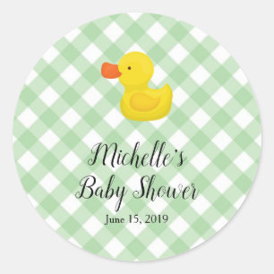 Green Gingham Rubber Duckie Baby Shower Classic Round Sticker