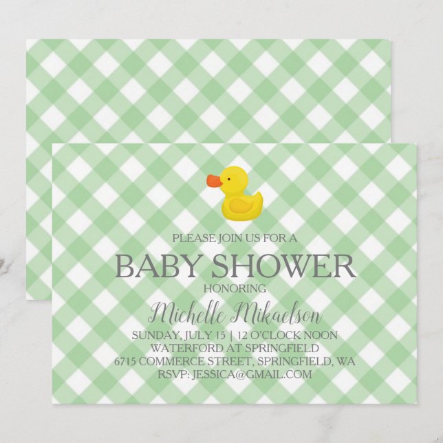 Green Gingham Rubber Duckie Baby Shower Invitation (Front/Back)