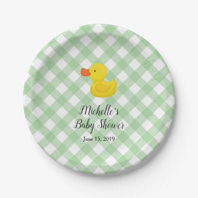 Green Gingham Rubber Duckie Baby Shower Paper Plates (Front)