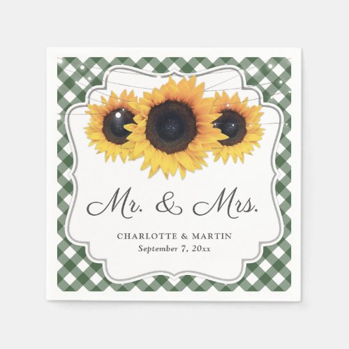 Green Gingham Rustic Sunflower Floral Wedding Napkins