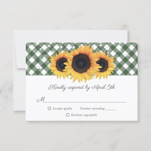 Green Gingham Rustic Sunflower Wedding RSVP Card