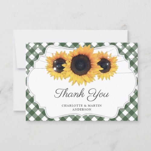 Green Gingham Rustic Sunflower Wedding Thank You Card