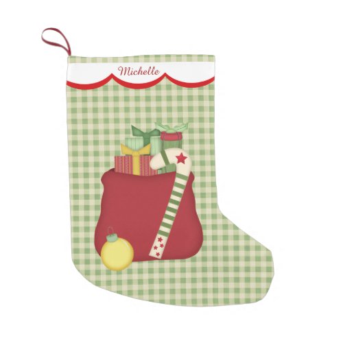 Green Gingham Santa Toy Sack Small Christmas Stocking