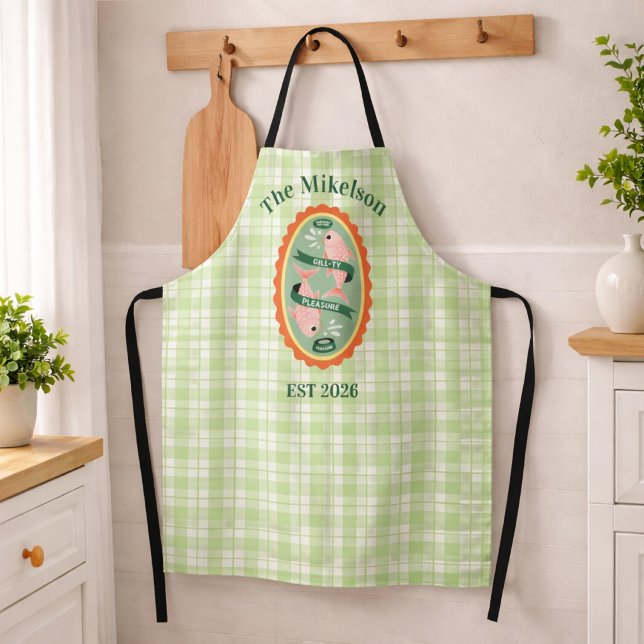 Green Gingham Sardines Custom Family Name Apron (Creator Uploaded)