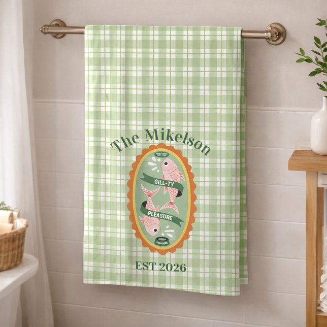 Green Gingham Sardines Custom Family Name Bath Towel (Creator Uploaded)