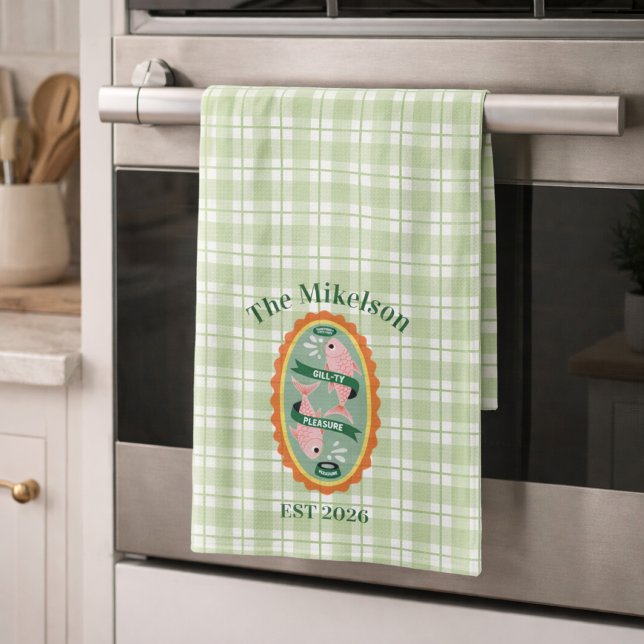 Green Gingham Sardines Custom Family Name Kitchen Towel (Creator Uploaded)