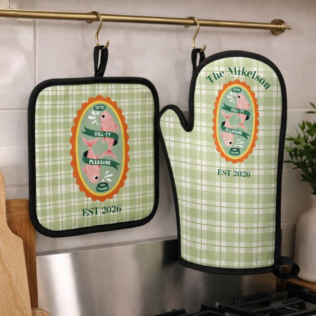 Green Gingham Sardines Custom Family Name Oven Mitt & Pot Holder Set (Creator Uploaded)