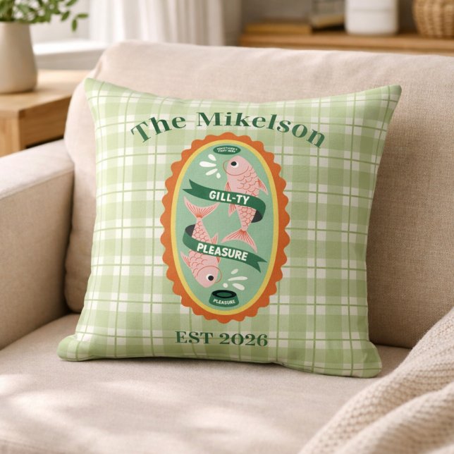 Green Gingham Sardines Custom Family Name Throw Pillow (Creator Uploaded)