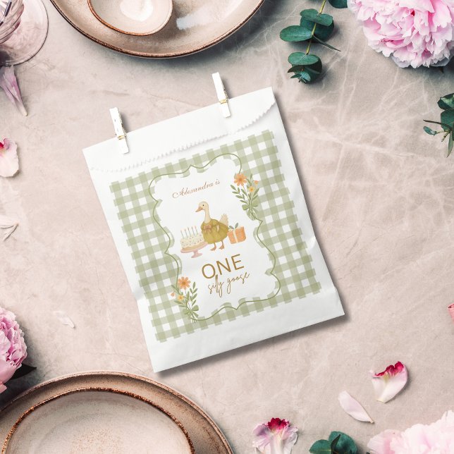  Green Gingham Silly Goose 1st Birthday Favor Bag (Creator Uploaded)