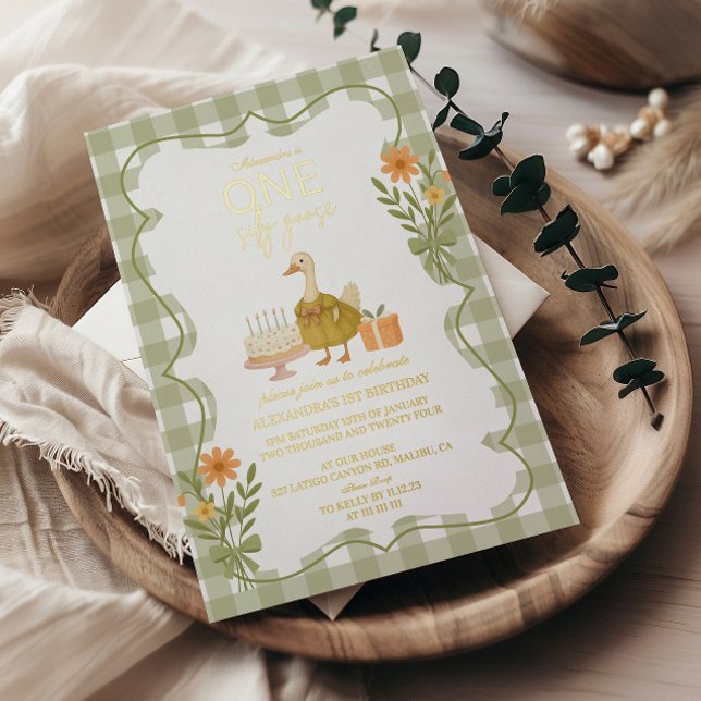  Green Gingham Silly Goose 1st Birthday Foil Invitation (Creator Uploaded)