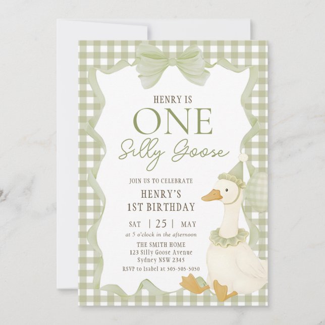 Green Gingham Silly Goose 1st Birthday Invitation (Front)