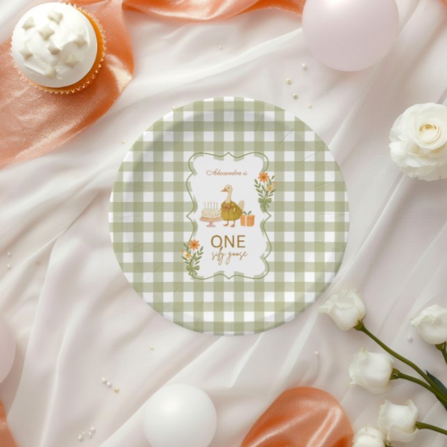  Green Gingham Silly Goose 1st Birthday Paper Plates (Creator Uploaded)