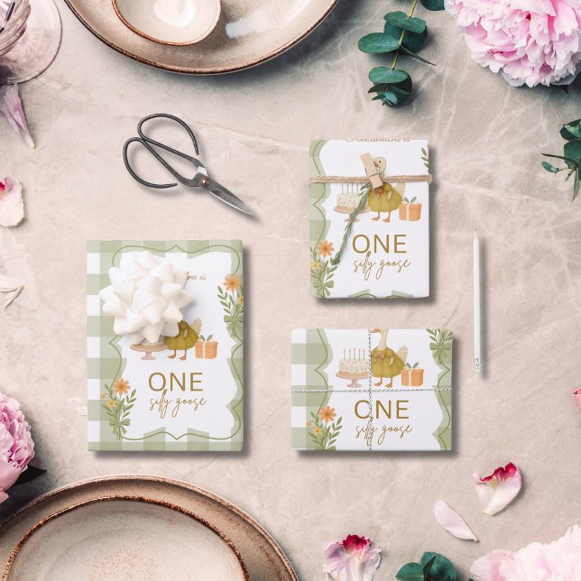  Green Gingham Silly Goose 1st Birthday Wrapping Paper Sheets (Creator Uploaded)