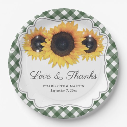 Green Gingham Sunflower Love and Thanks Wedding Paper Plates