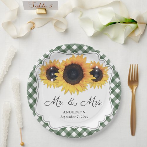 Green Gingham Sunflower Mr and Mrs Wedding Paper Plates