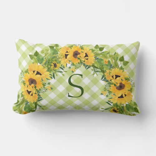 Green Gingham  Sunflowers Personalized Lumbar Pillow