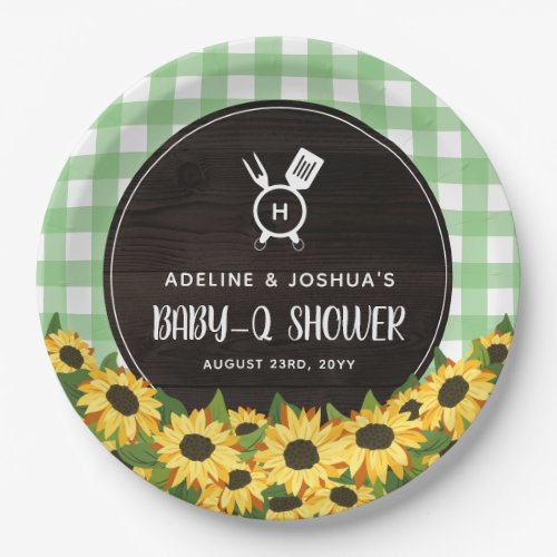 Green Gingham  Sunflowers Rustic Baby_Q Shower Paper Plates