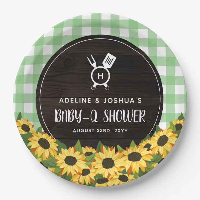 Green Gingham & Sunflowers Rustic Baby-Q Shower Paper Plates (Front)