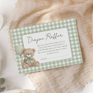 Green Gingham Teddy Bear Baby Shower Diaper Raffle Enclosure Card