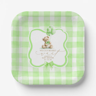 Green Gingham Teddy Bear Baby Shower Paper Plates