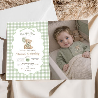 Green Gingham Teddy Bear Balloon 1st Birthday Invitation